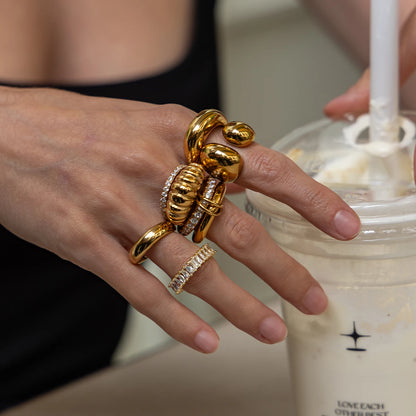 Luxury Stainless Steel 18K PVD Gold Plated Shiny Zircon Stackable Rings