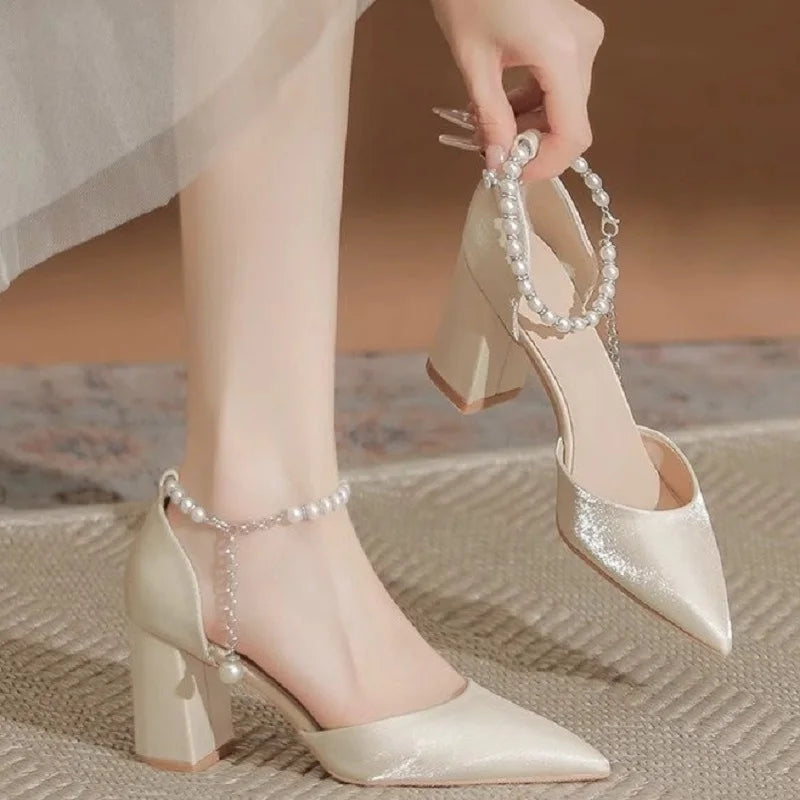 Elegant Pearl-Embellished Satin Chunky Shoes