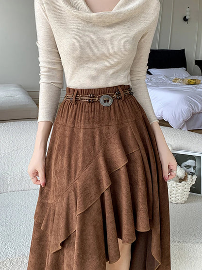 American Retro Asymmetry Suede  Bohemian Midi Skirt