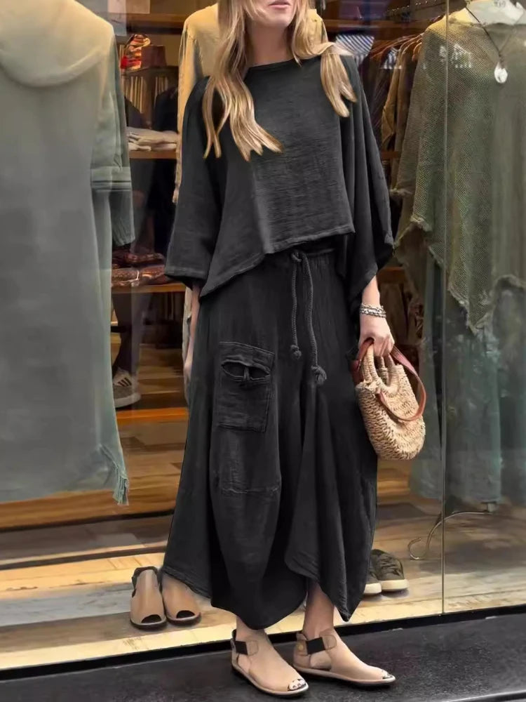 Cotton and Linen Loose Skirt Two-piece Skirt Set
