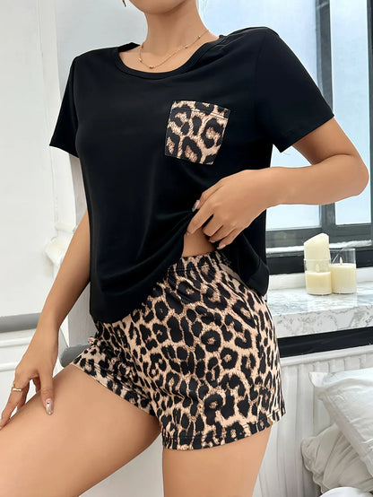Casual Leopard Print Short-Sleeved Pyjamas Set