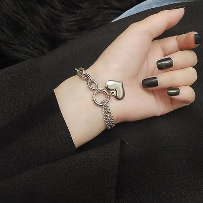 Statement Heart Pendant Stainless Steel Gold Metal Texture Bracelet