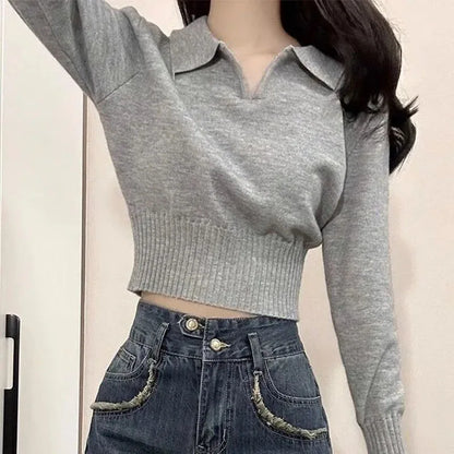 Korean Chic Turndown Collar Gray Slim Fit Long Sleeve Cropped Sweater