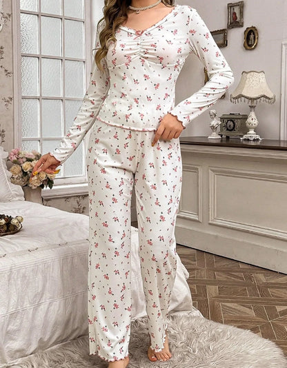 Round Neck Floral Printed Long Sleeve Home Wear Loungewear Set