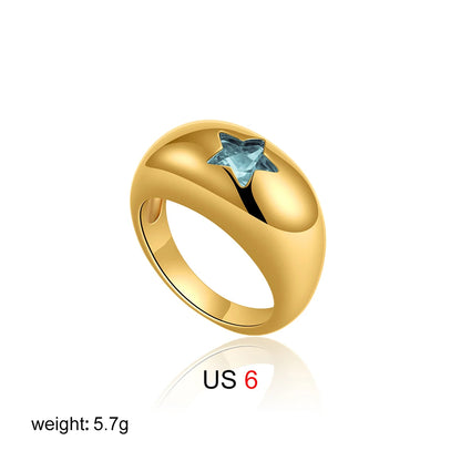 Waterproof 18K Gold Chubby Star Sleek Stainless Steel Pink Zircon Dome Finger Ring