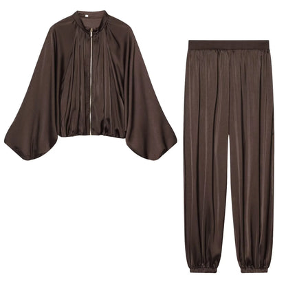 Coffee Pleated Bubble Puff Loose Long Sleeved High Waisted Casual Long Pants Sets