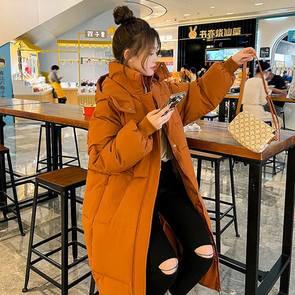 Long Thickened Down Cotton Bread Style Winter Korean Loose Long Knee Length Hooded Jacket