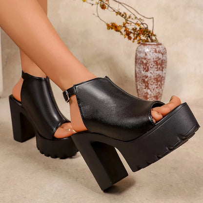 High Heel Sexy Peep Pu Leather Chunky Ankle Buckle Shoes