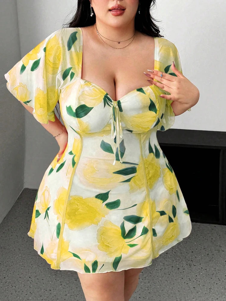 Plus Size Romantic Ruffle Sleeve Dress