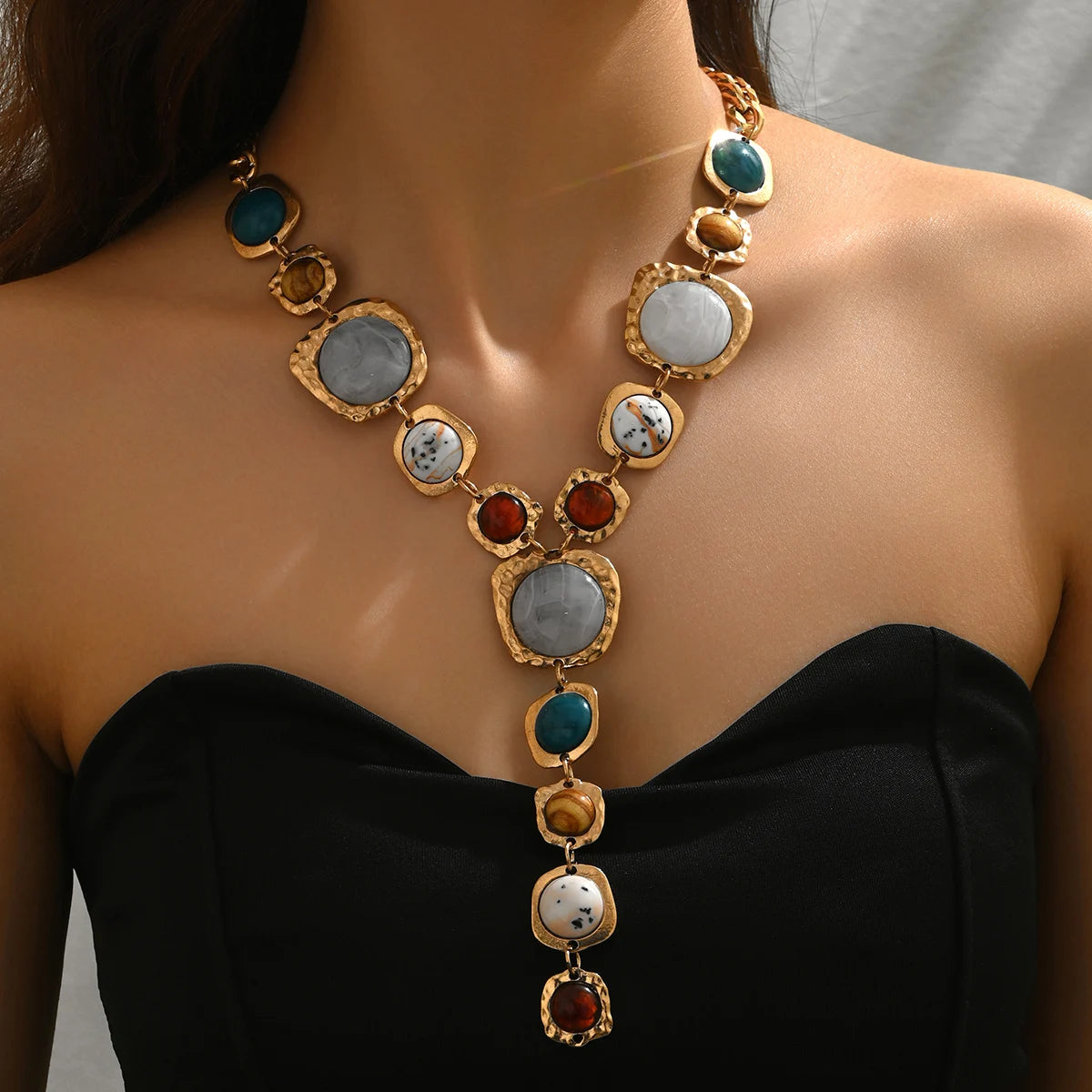 Y-Shaped Long Chunky Chain with Geometric Pendant Bohemian Necklace