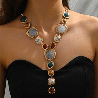 Y-Shaped Long Chunky Chain with Geometric Pendant Bohemian Necklace