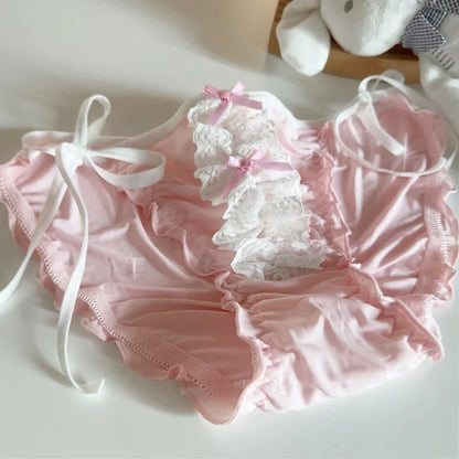 Double Bow Lace Ruffle Cute Underpants Low Waist Lace Up Ice Silk Breathable Panties