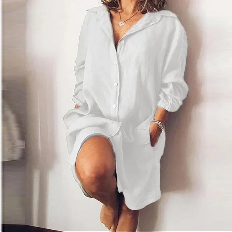 Elegant Cotton Commuting Style Flip Collar Single Breasted Dress