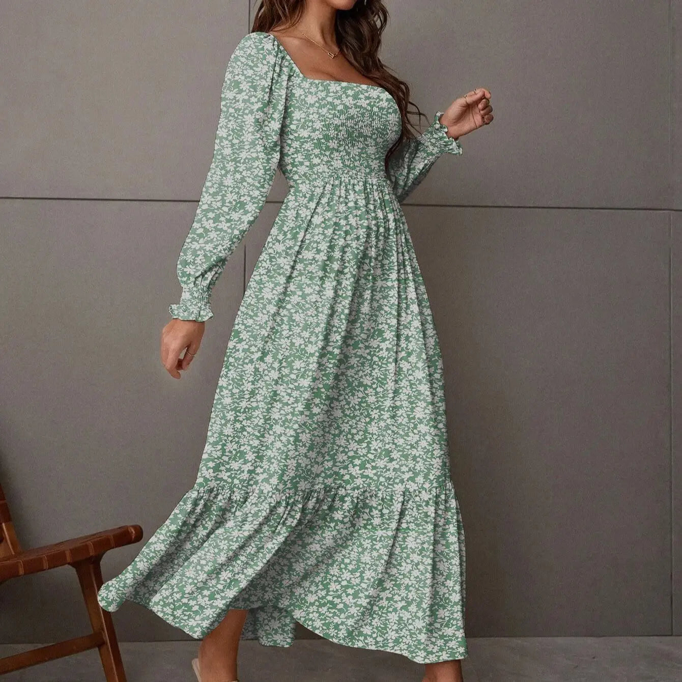 Ruched Ruffle Hem Elegant Shirred Backless Long Dress