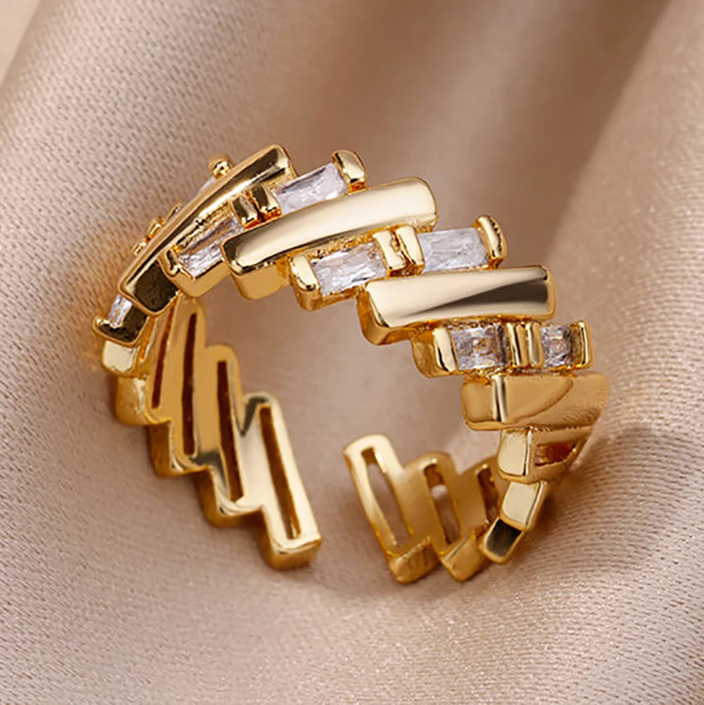 Chain Hollow Out Gold Stainless Steel Zircon Cross Ring