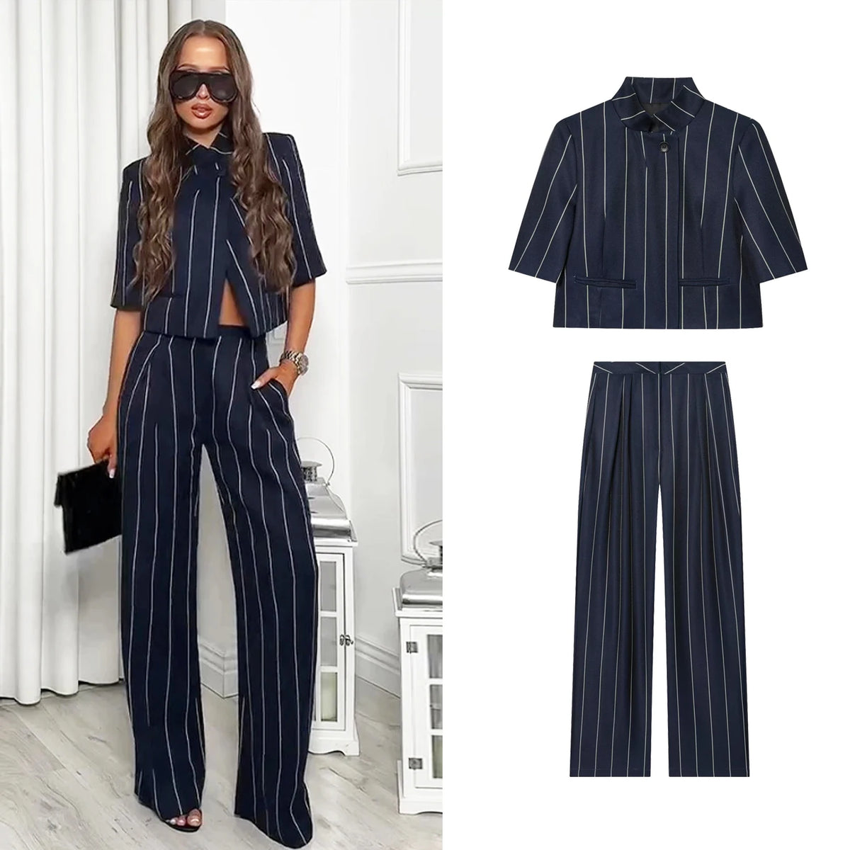 Daily Striped Short Sleeve Blazers Coat Chic Straight Long Pants Set