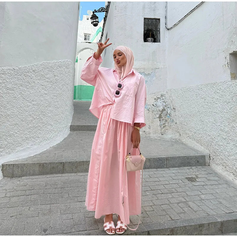 Single-breasted Full Sleeve Blouses Loose Long Skirt Set