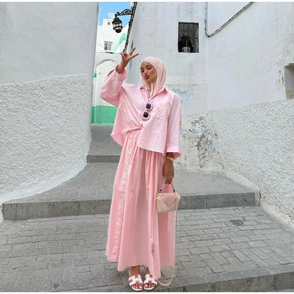 Single-breasted Full Sleeve Blouses Loose Long Skirt Set