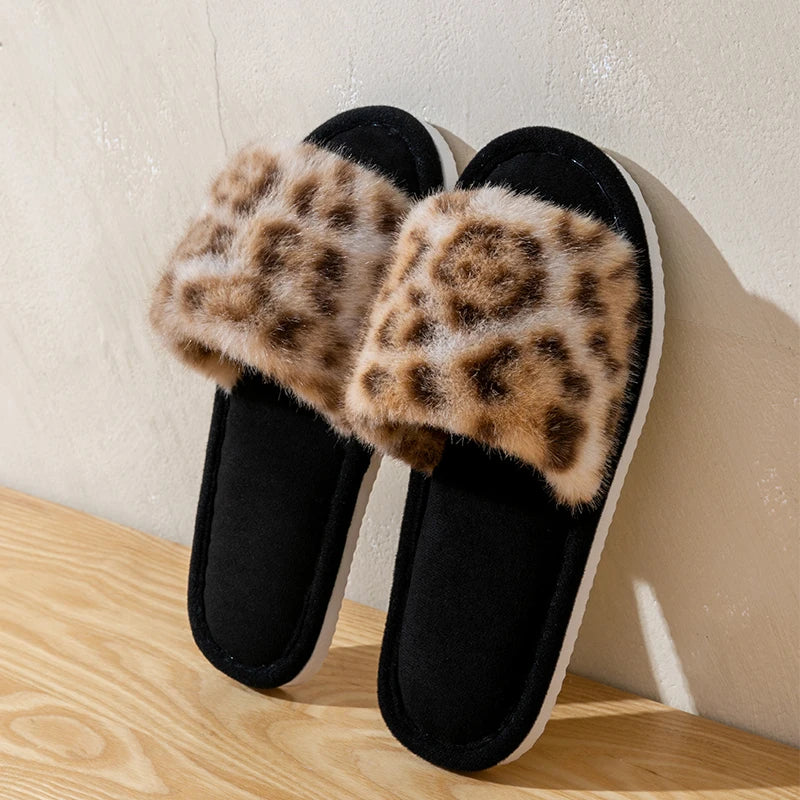 Leopard Print Plush Home Non-Slip Sole Soft Open Toe Slippers