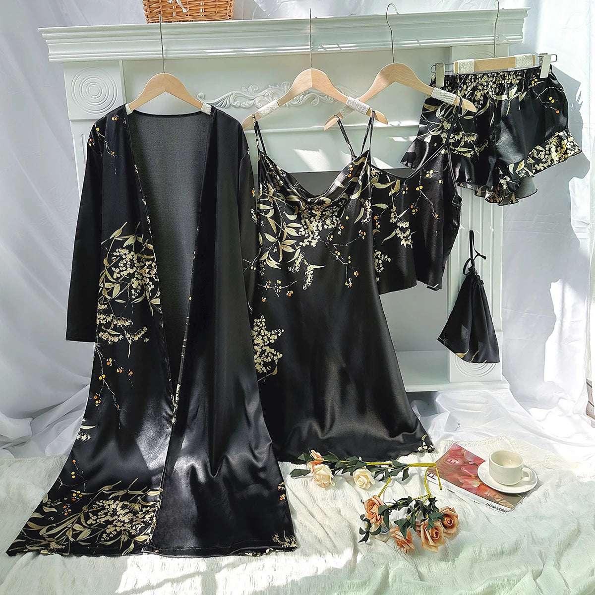 5pcs Floral Print Long Sleeve Robe Cami Dress Pajamas Sets