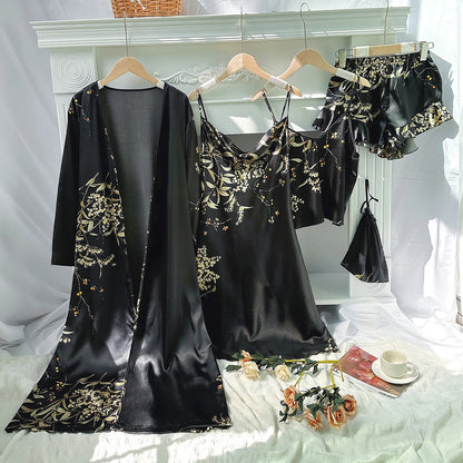5pcs Floral Print Long Sleeve Robe Cami Dress Pajamas Sets