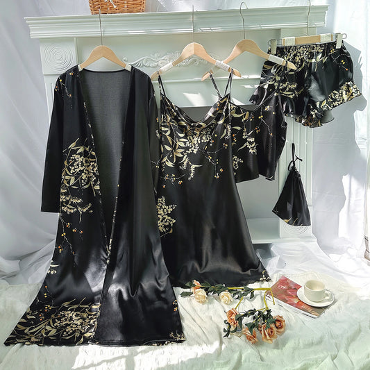 5pcs Floral Print Long Sleeve Robe Cami Dress Pajamas Sets