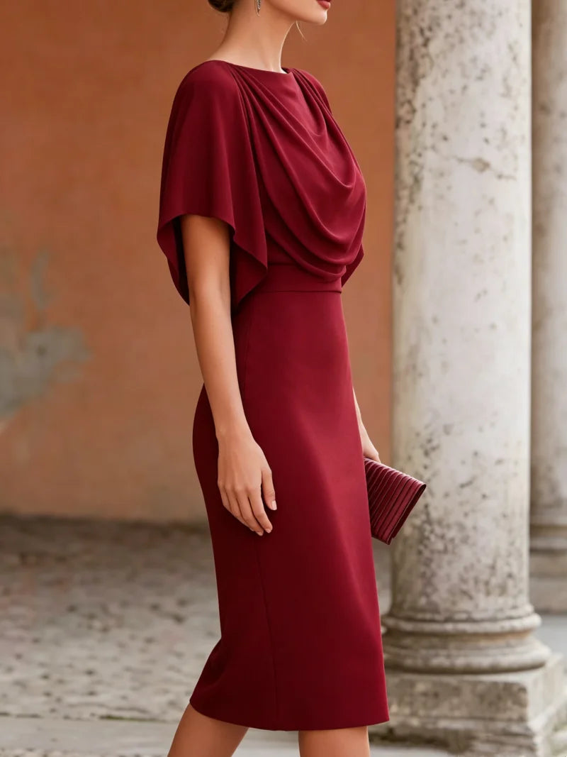 Short Sleeve Midi Cowl Neck Bodycon Elegant Cocktail Dress