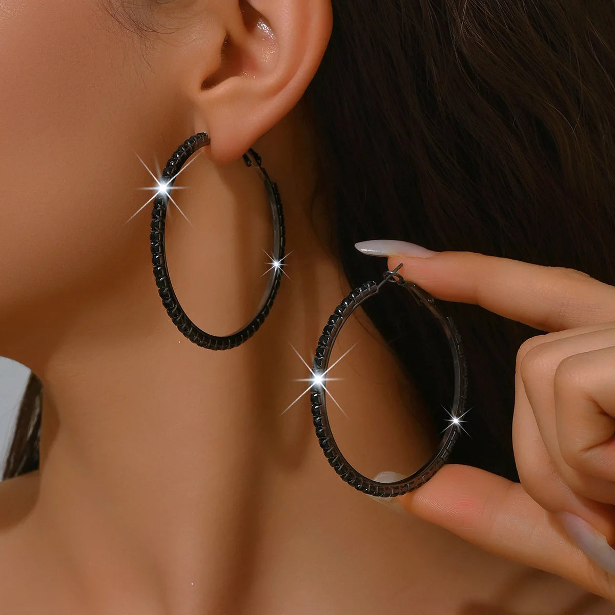 Rhinestones Shiny Crystal Big Round Hoop Earrings