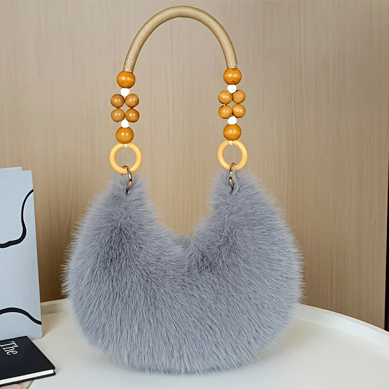 Plush Faux Tote Bead Accented Strap Zipper Closure Elegant Handbags
