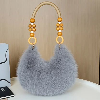 Plush Faux Tote Bead Accented Strap Zipper Closure Elegant Handbags