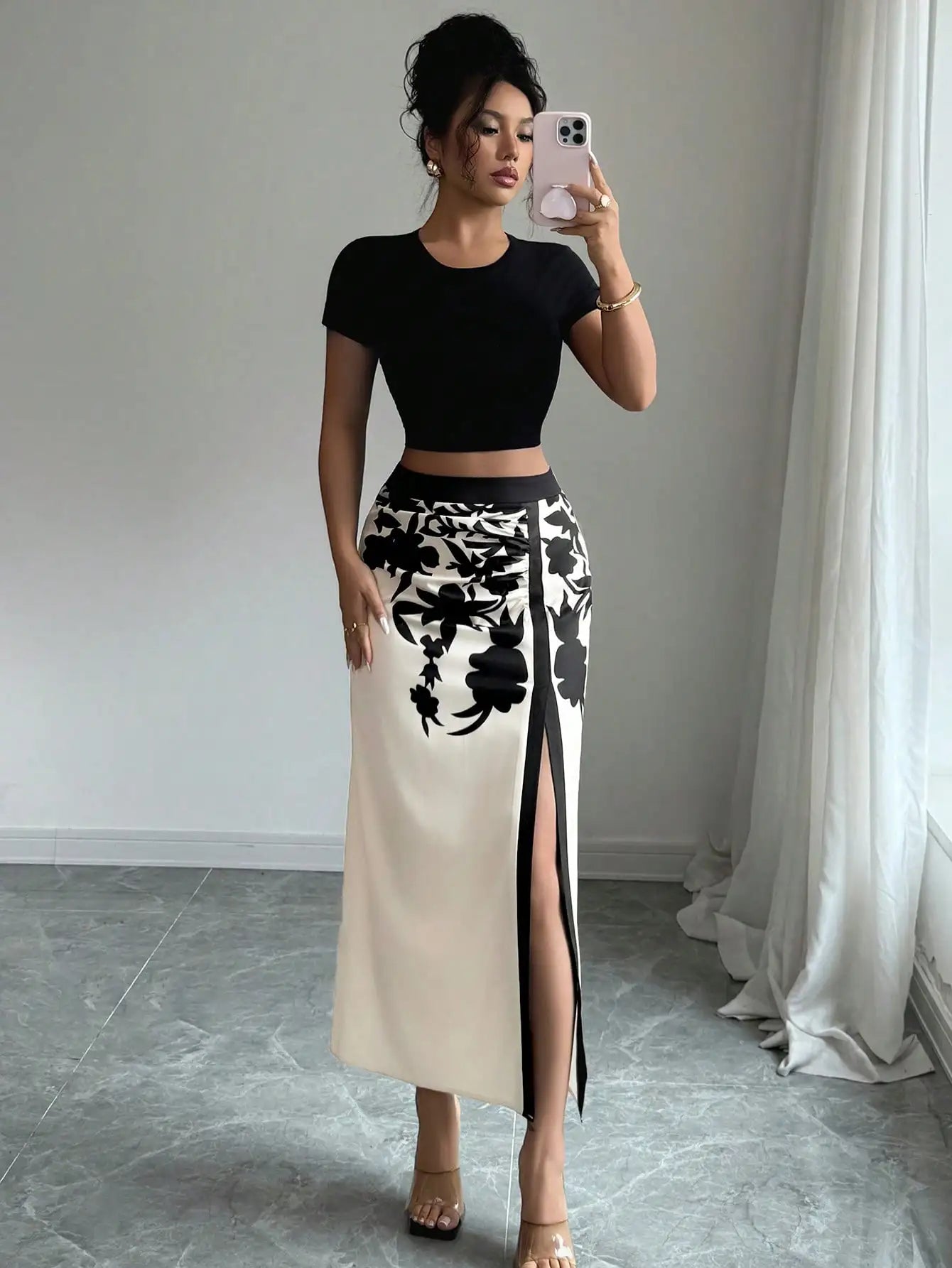 Black Floral Print Midi High Slit Casual Skirt