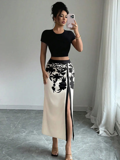 Black Floral Print Midi High Slit Casual Skirt