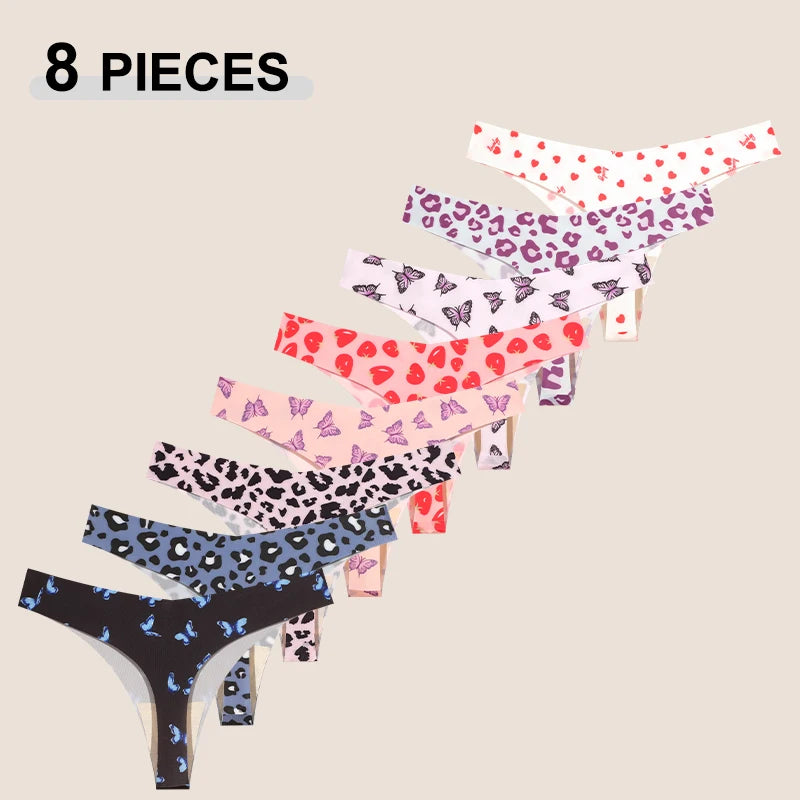8Pcs/Set Traceless Ice Silk Low Waist Sexy Butterfly Leopard Print Lingerie