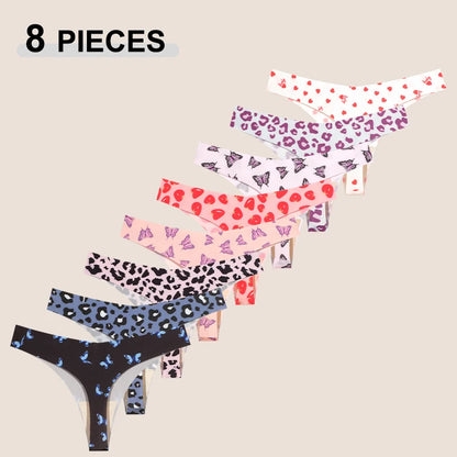 8Pcs/Set Traceless Ice Silk Low Waist Sexy Butterfly Leopard Print Lingerie