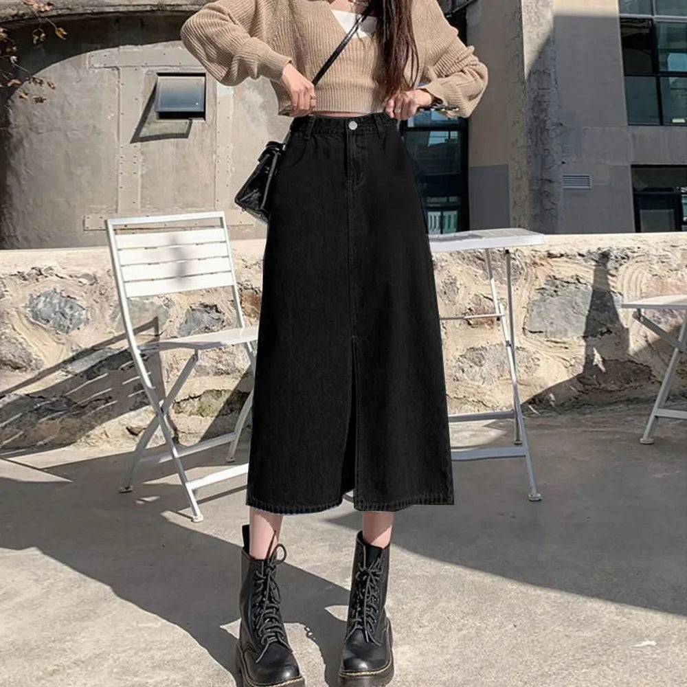 Falda vaquera larga recta de talle alto