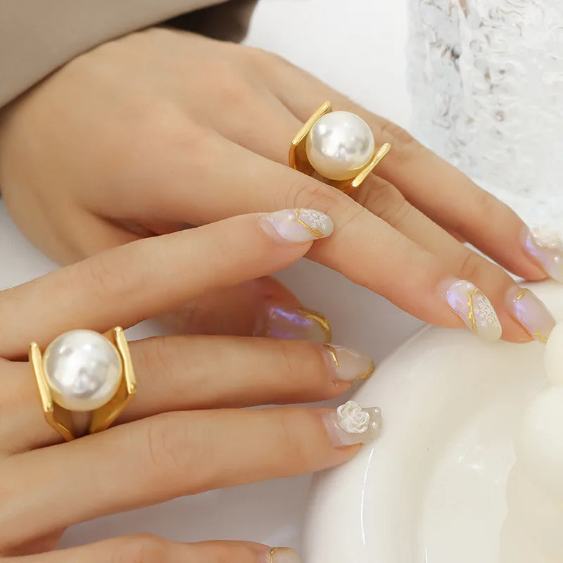316L Stainless Steel Y Shaped Big Imitation Pearl Rings