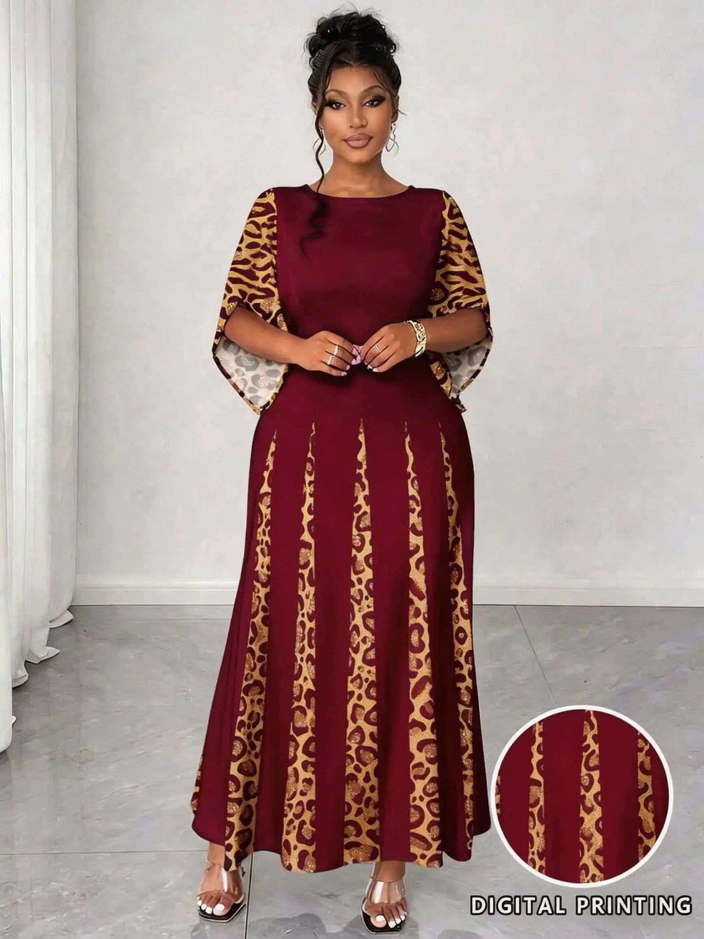 Elegant Leopard Maxi Long Sleeve Gown Dress