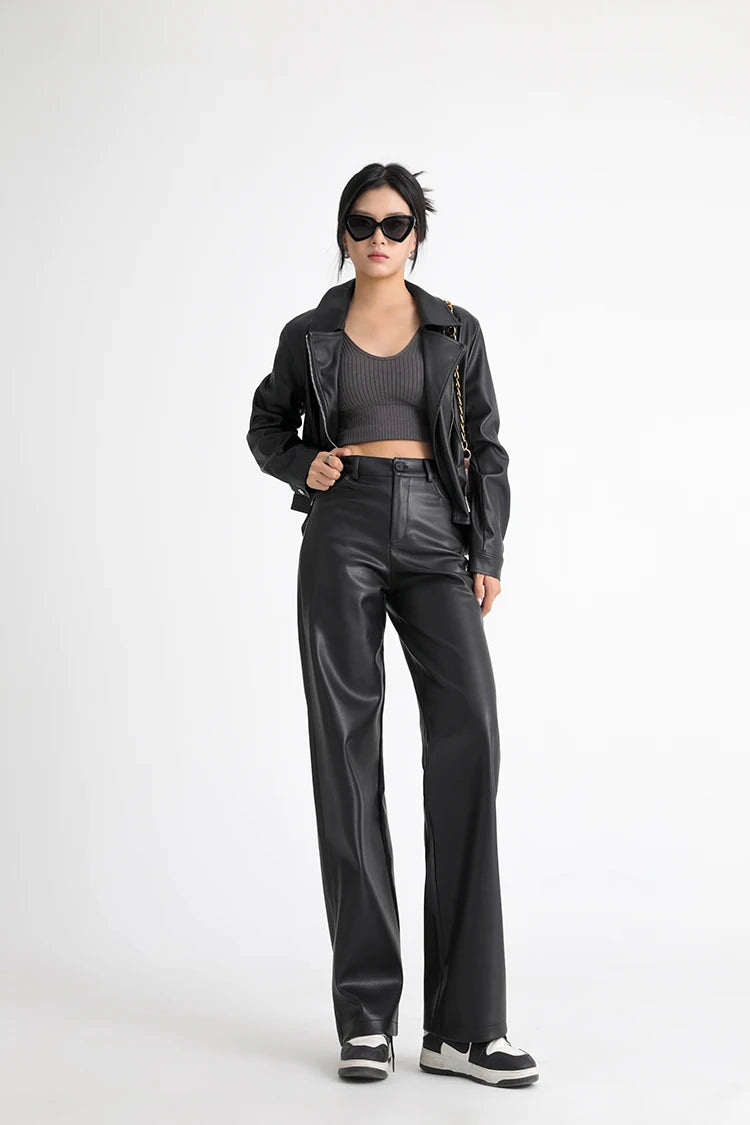 Fall Winter Fleece Loose Wide Leg Leather Pants
