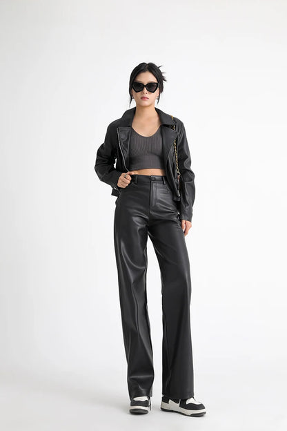 Fall Winter Fleece Loose Wide Leg Leather Pants