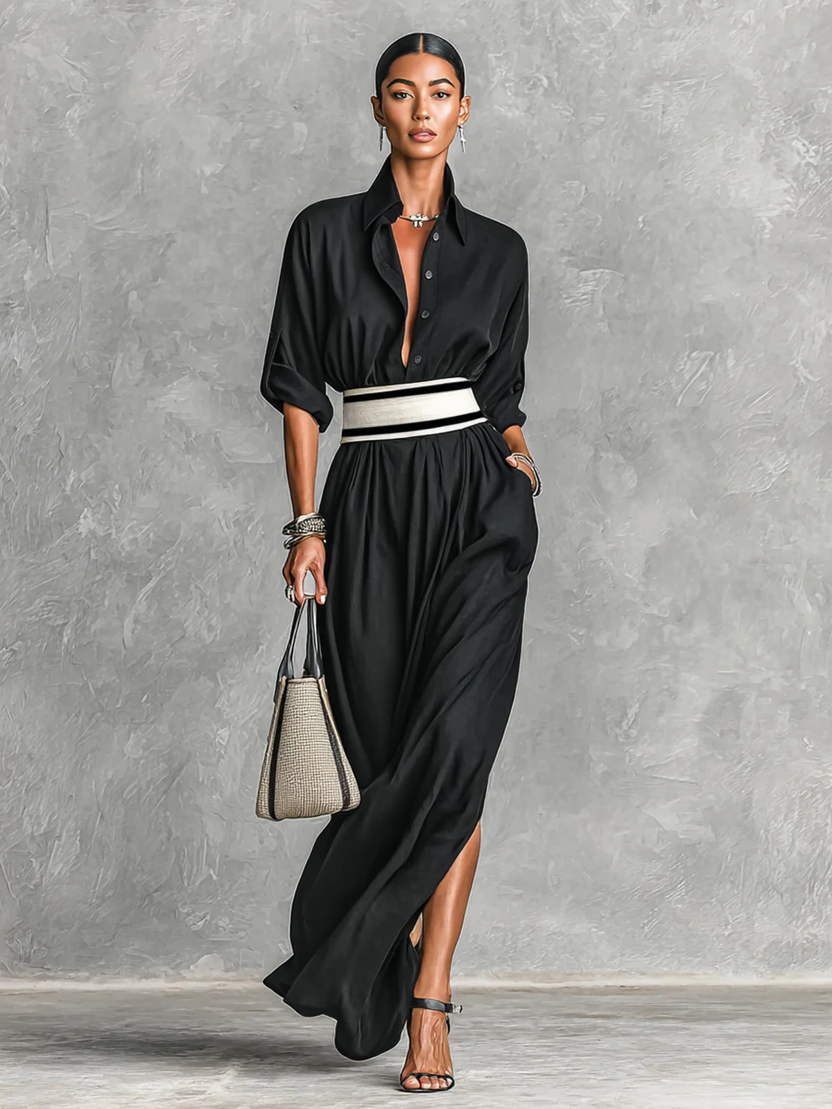 Shirt Maxi with Wide Striped Belt  Roll-Up Sleeve High Slit Elegant Casual Dress