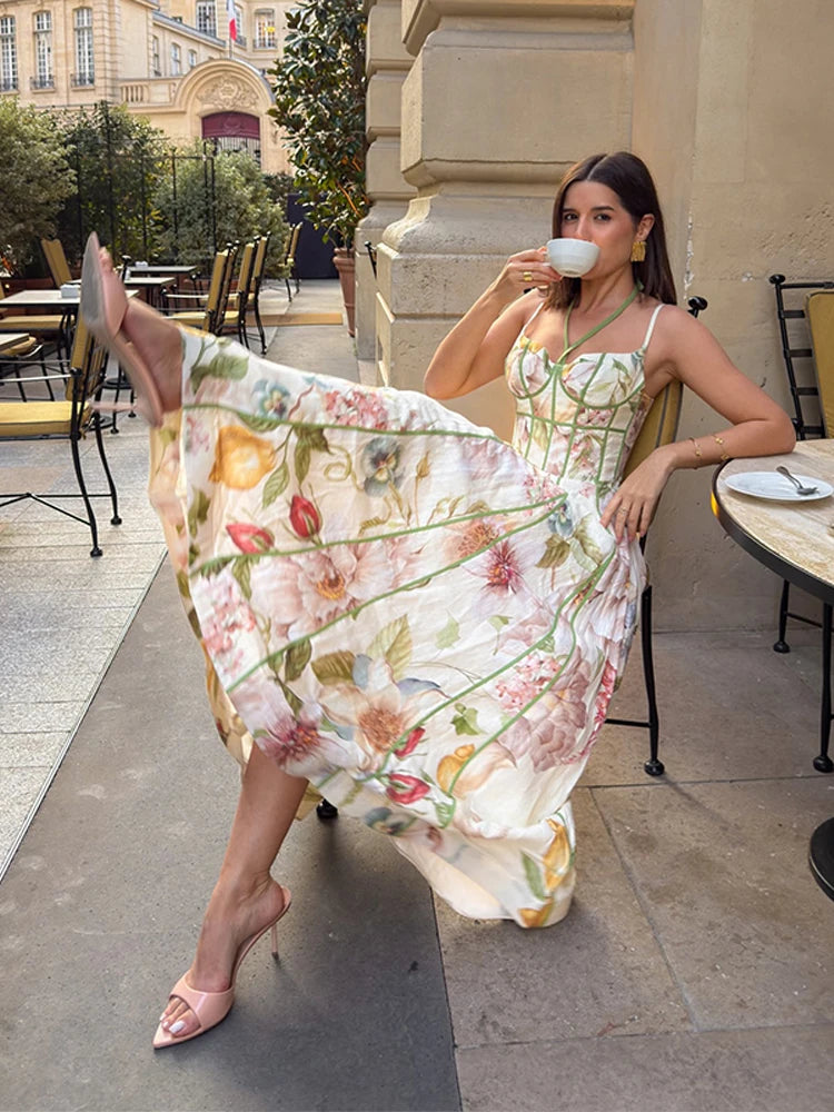 Art Print Beaded Strap Cami & Wide Leg Pants Set