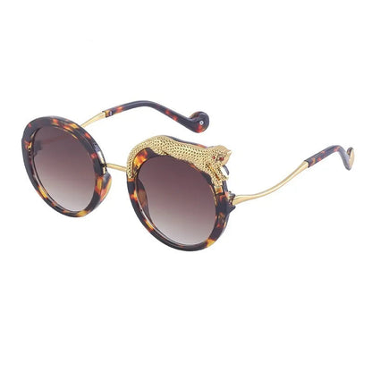 Oversized Round Crystal Leopard Sun Glasses