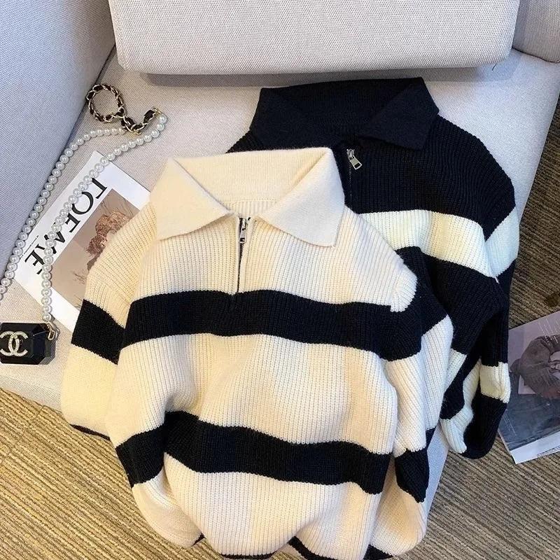 Loose Polo Neck Striped Korean Style Sweater