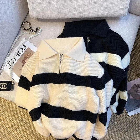 Loose Polo Neck Striped Korean Style Sweater
