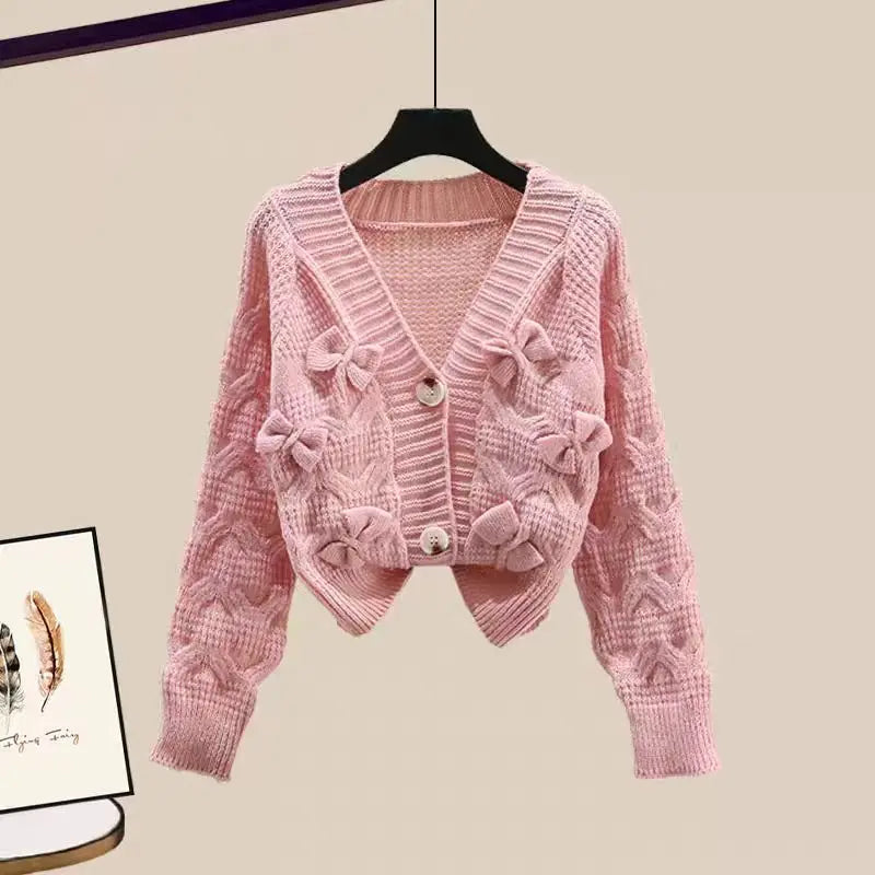 Korean Sweet Bow Outfit Long Sleeve Cardigan Knitwear Wide Leg Pants Set