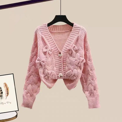 Korean Sweet Bow Outfit Long Sleeve Cardigan Knitwear Wide Leg Pants Set