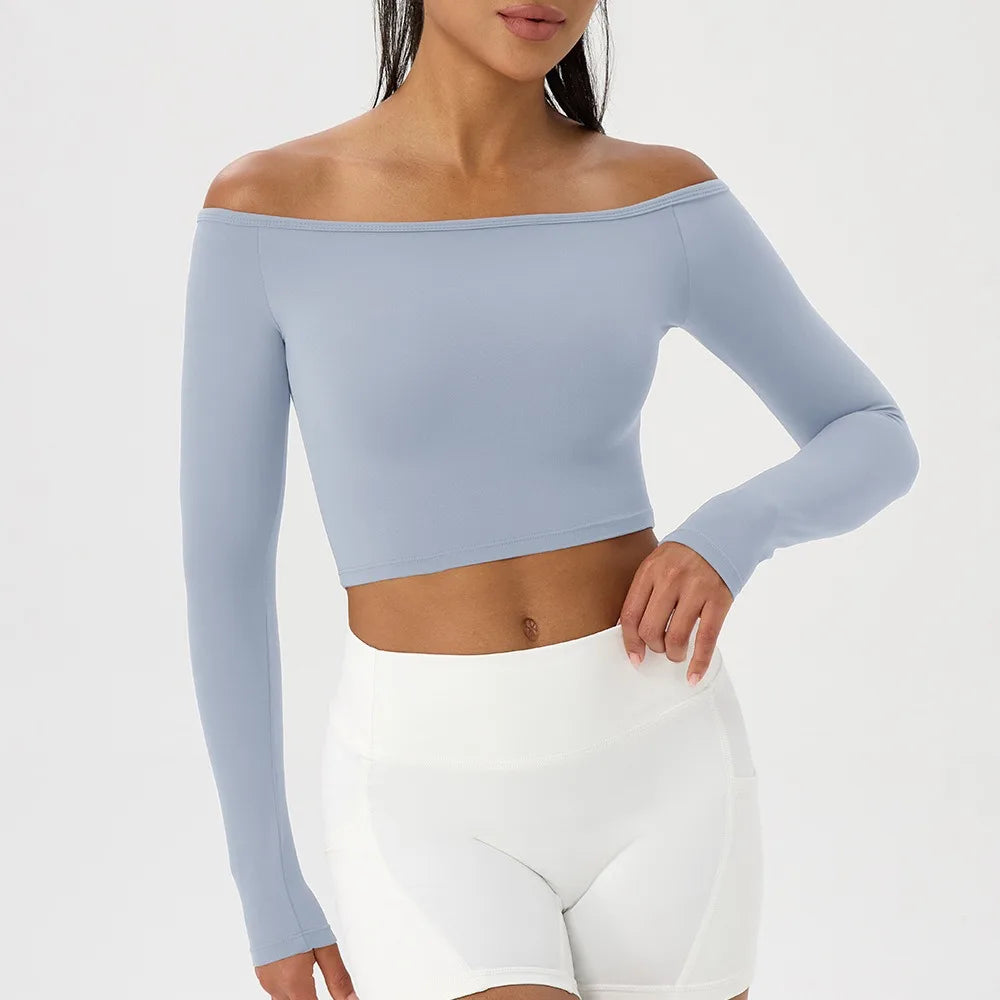 Sexy Off Shoulder Yoga Top Long Sleeve Gym Running Shirt