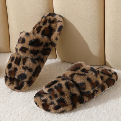 Leopard Pattern Plush Winter Open Toe Soft Sole Fuzzy Warm Faux Fur Slippers