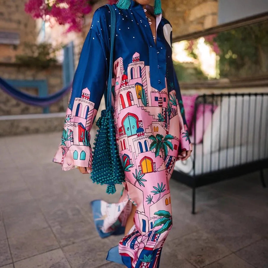 Vintage Satin Print Long Dress