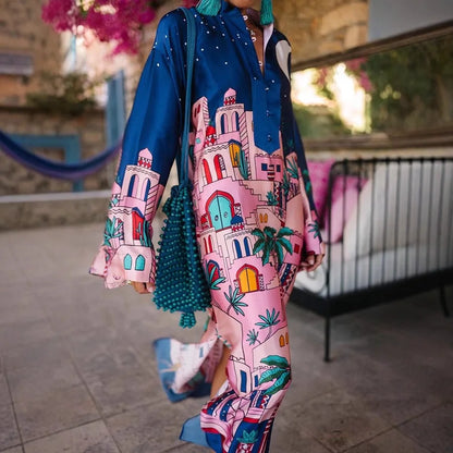 Vintage Satin Print Long Dress